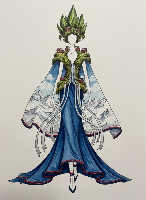 The sketch of Norway's national costume, Geirangerfjord