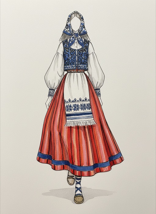 The sketch of Estonia's national costume, Kihnu Kört