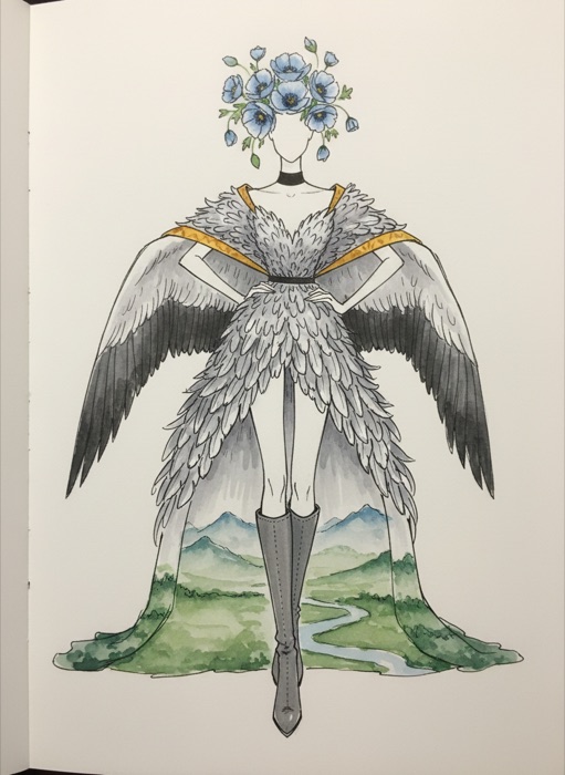 The sketch of Bhutan's national costume, Thrung Thrung Karmo
