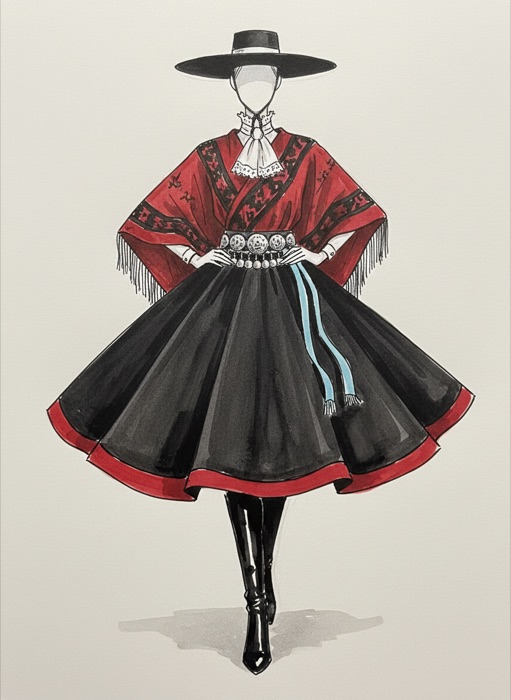 The sketch of Argentina's national costume, Poncho Salteño