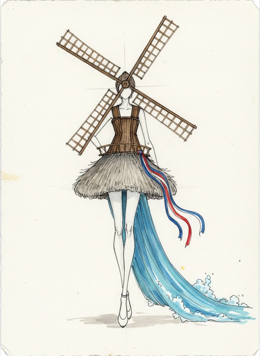 The sketch of Netherlands's national costume, Kinderdijk