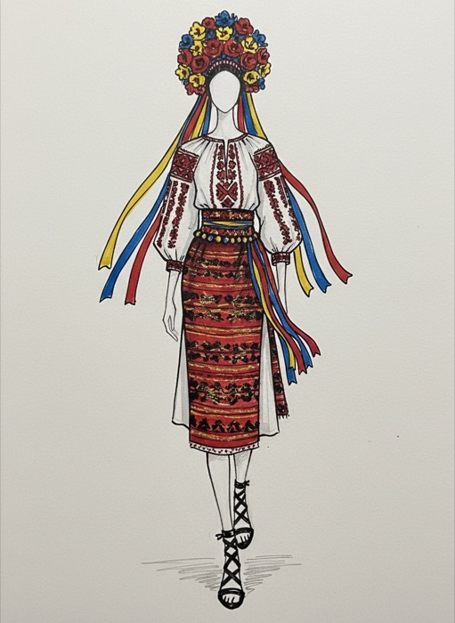 The sketch of Romania's national costume, Ia