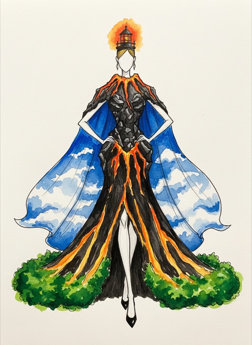 The sketch of El Salvador's national costume, Volcán de Izalco