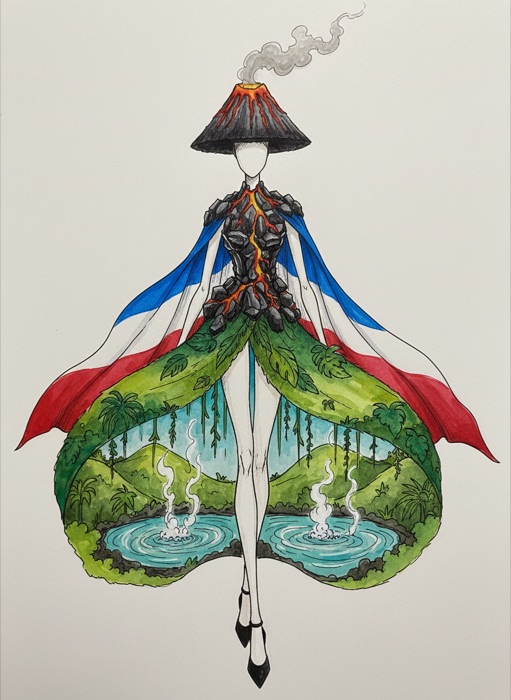 The sketch of Costa Rica's national costume, Volcán Arenal