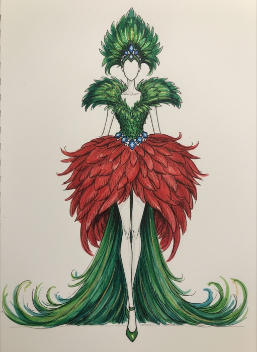 The sketch of Guatemala's national costume, Quetzal