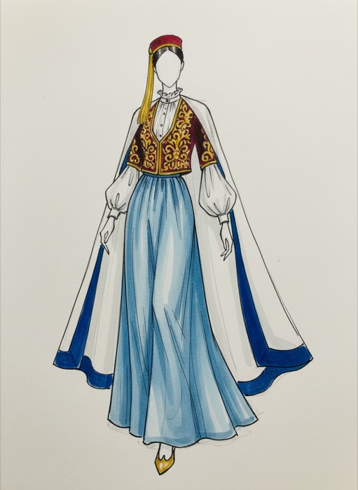The sketch of Greece's national costume, Foremasía Amalía