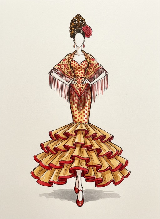 The sketch of Spain's national costume, Traje de Flamenca