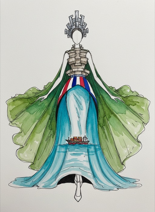 The sketch of Panama's national costume, El Canal