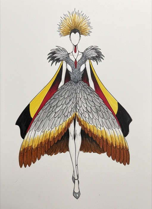 The sketch of Uganda's national costume, Grey Crowned Crane