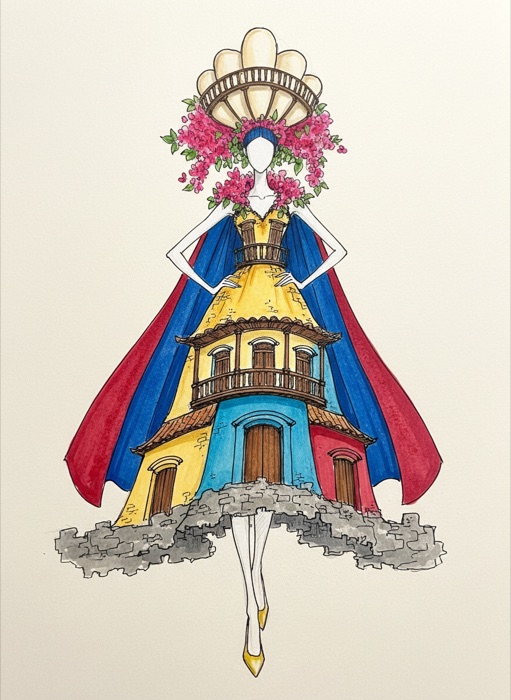 The designer's sketch of Colombia's national costume, Cartagena de Indias