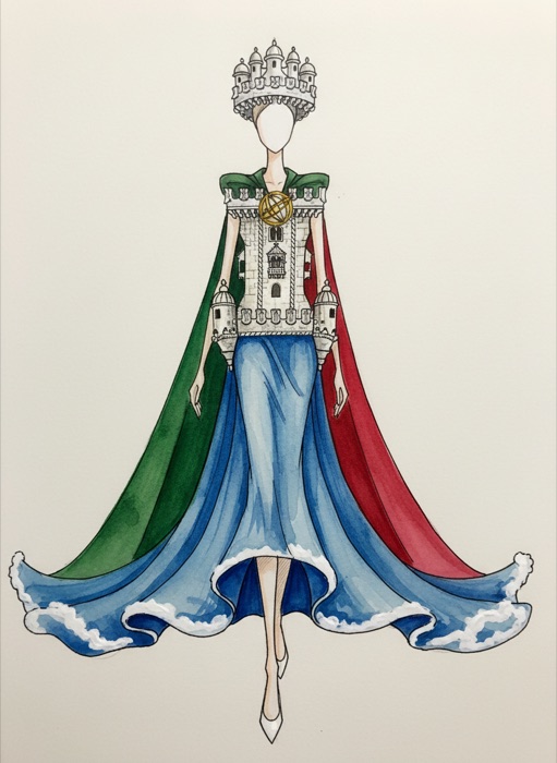 The sketch of Portugal's national costume, Torre de Belém