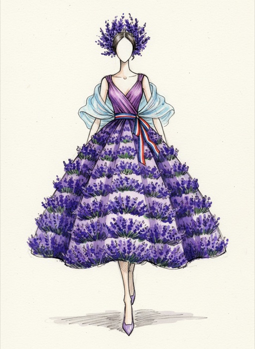 The sketch of France's national costume, Champs de lavande