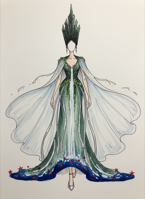The sketch of New Zealand's national costume, Milford Sound