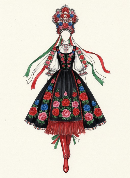 The sketch of Hungary's national costume, Matyó Rózsa