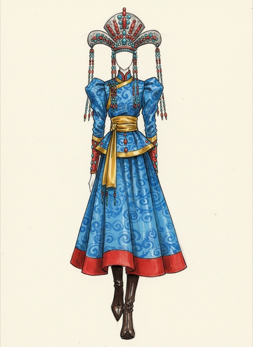 The sketch of Mongolia's national costume, Khalkha Deel
