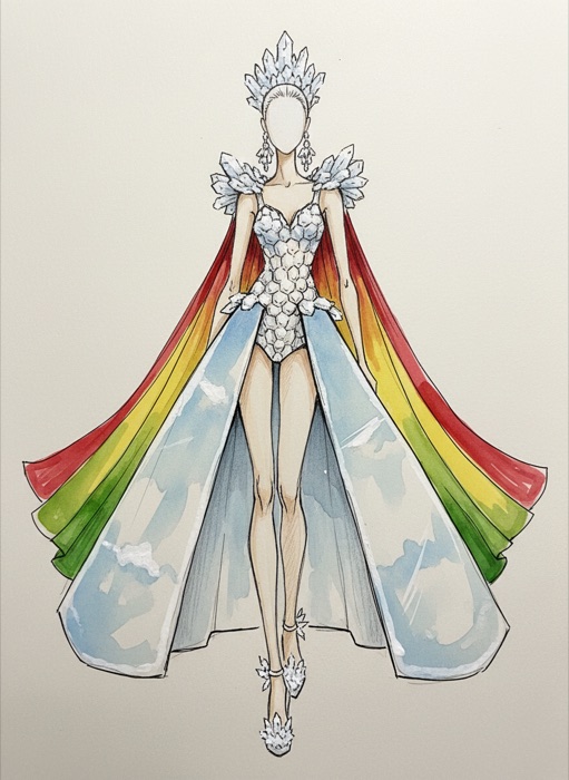 The sketch of Bolivia's national costume, Salar de Uyuni