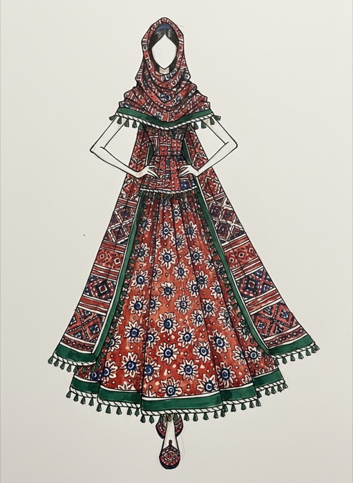 The sketch of Pakistan's national costume, Ajrak