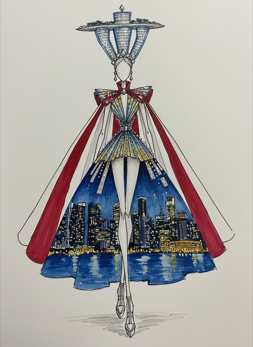 The sketch of Singapore's national costume, Marina Bay