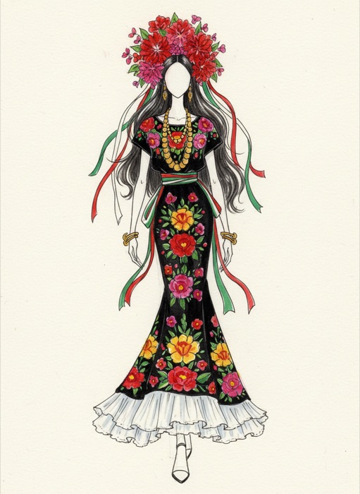 The designer's sketch of Mexico's national costume, Tehuana