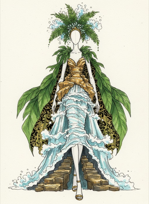 The sketch of Jamaica's national costume, Dunn's River Falls