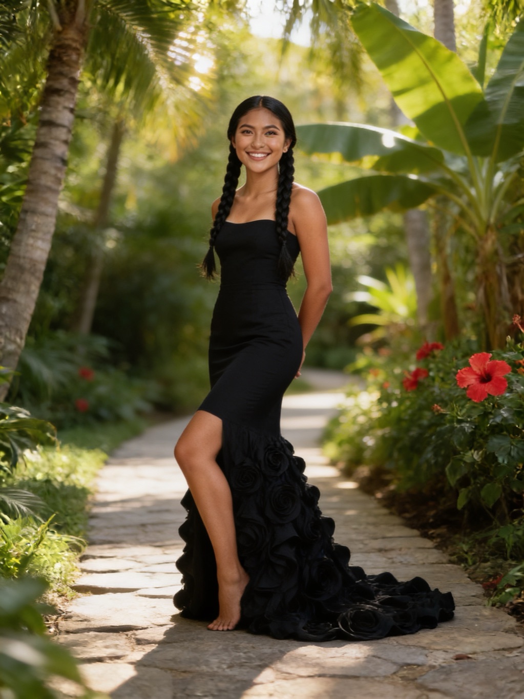 Sumak Guamán in her evening gown, in the garden