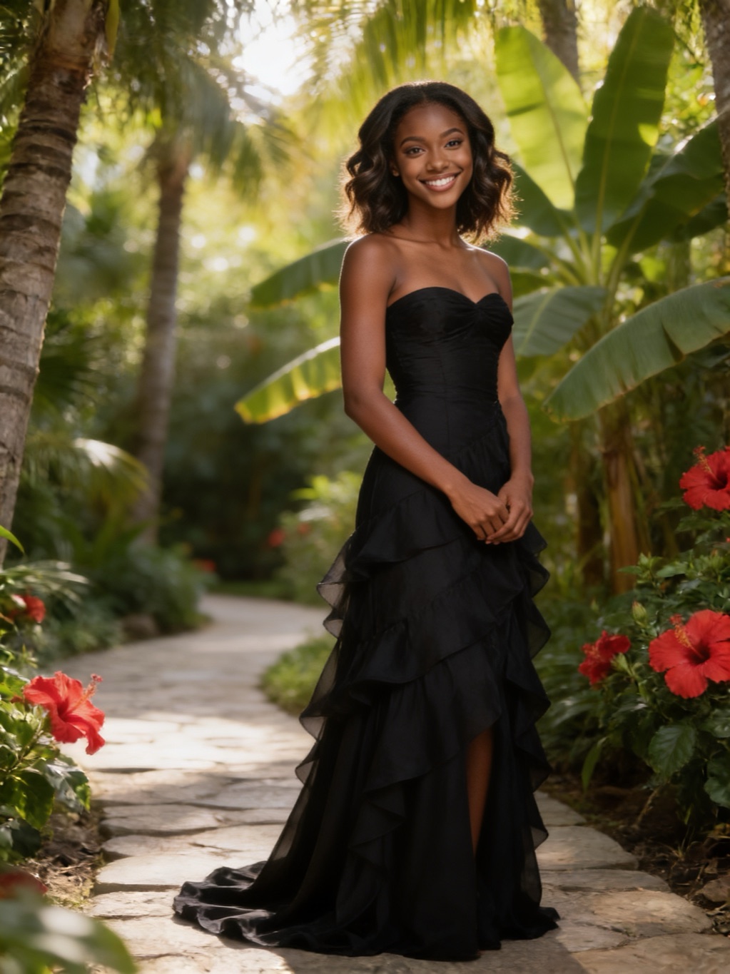 Jimena Gutiérrez in her evening gown, in the garden