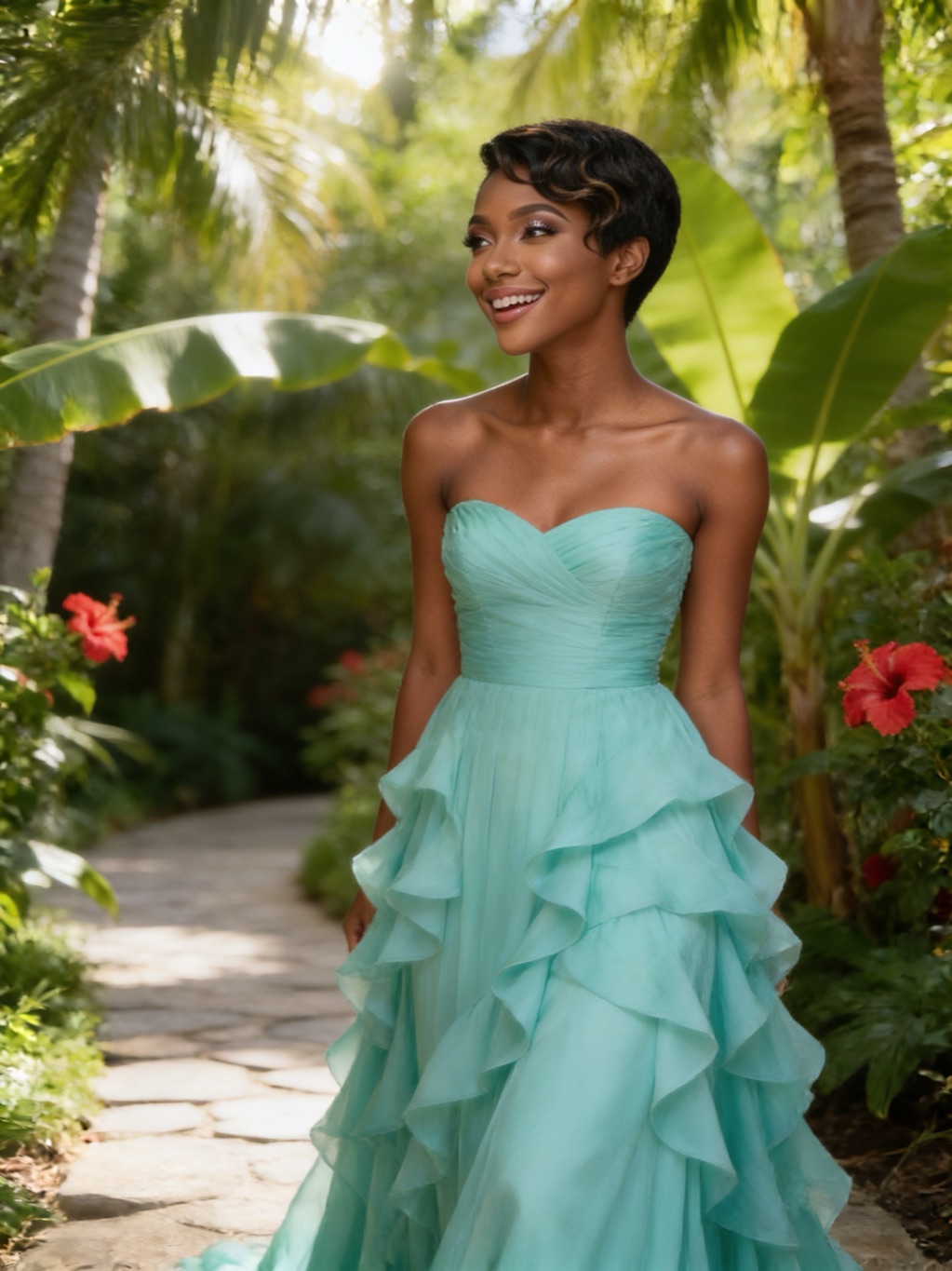 Elizabeth Asomaning in her evening gown, in the garden
