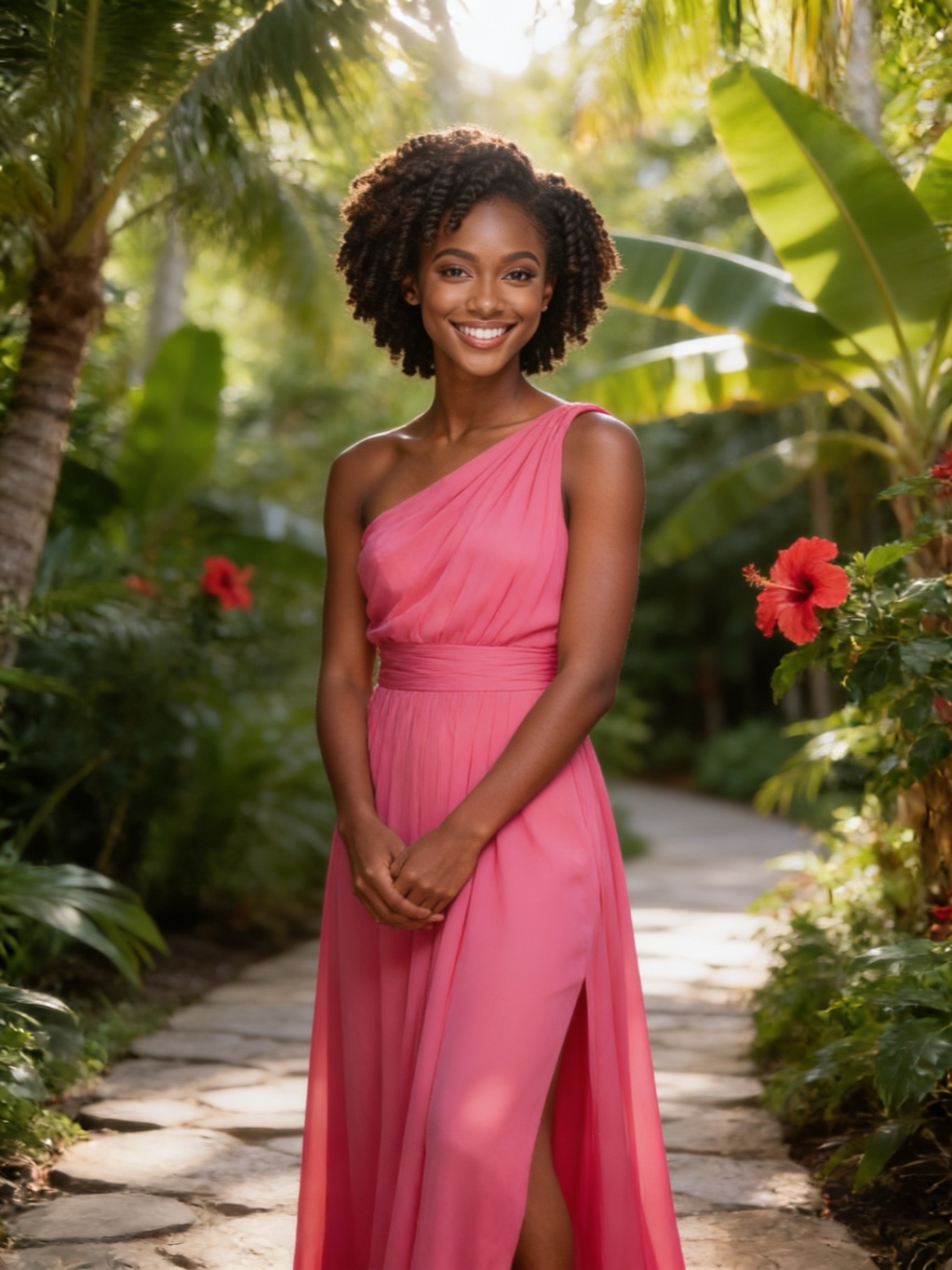 Valerie Couturier in her evening gown, in the garden