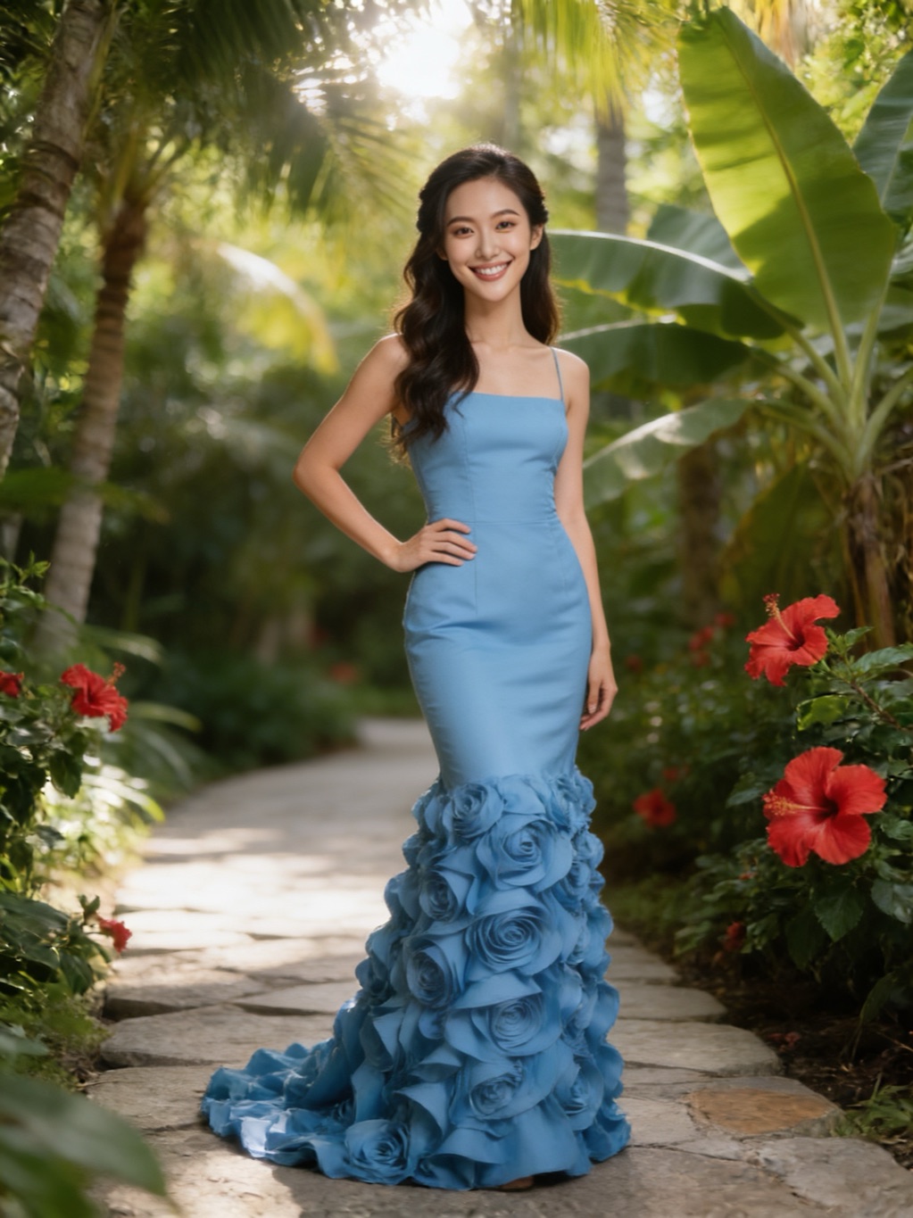 Kazue Ishida in her evening gown, in the garden