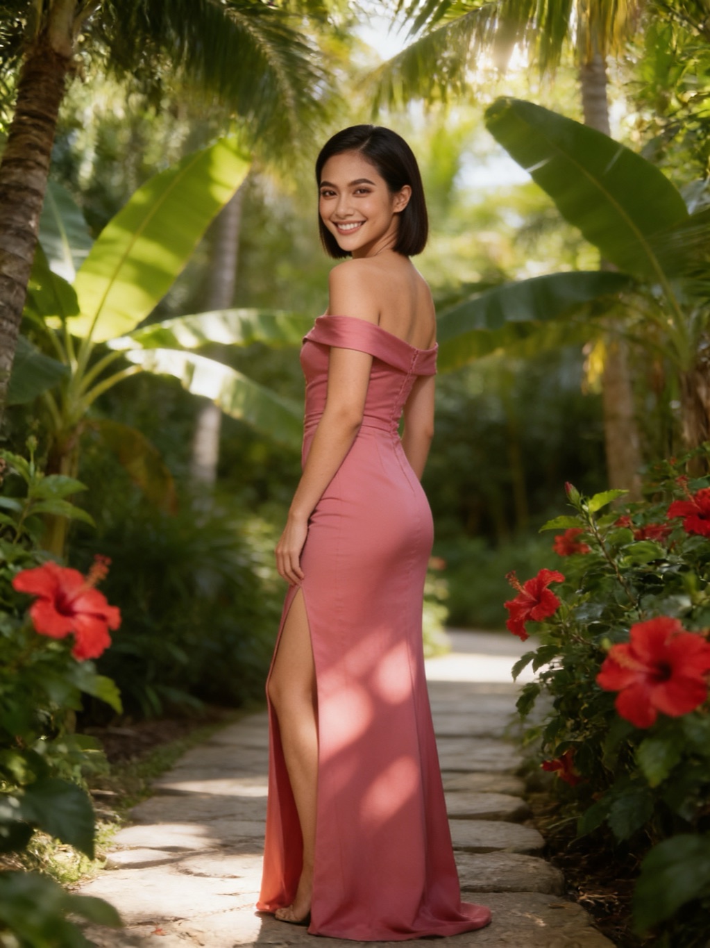 Phyoe Phoe in her evening gown, in the garden