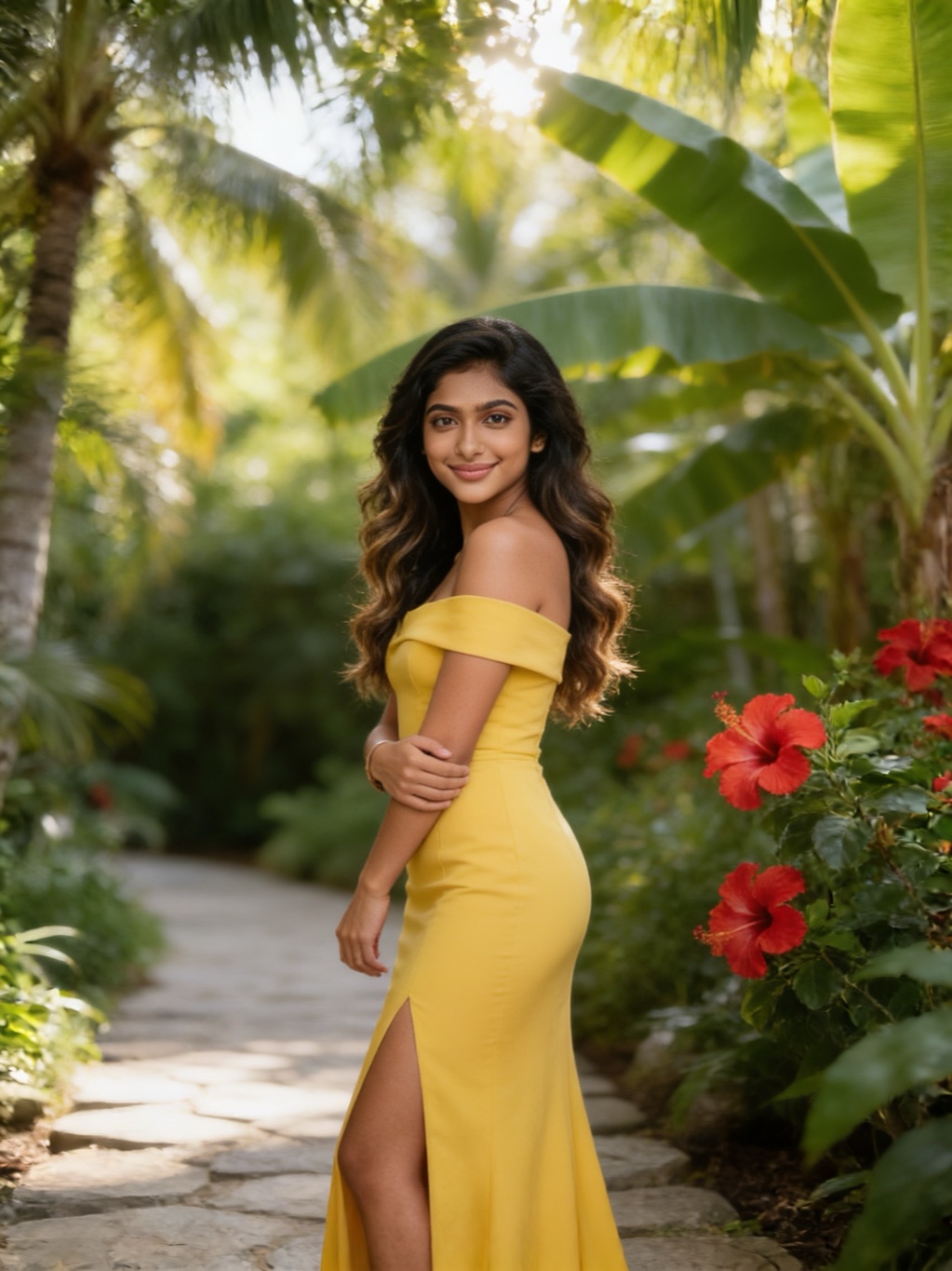 Raheela Panjwani in her evening gown, in the garden