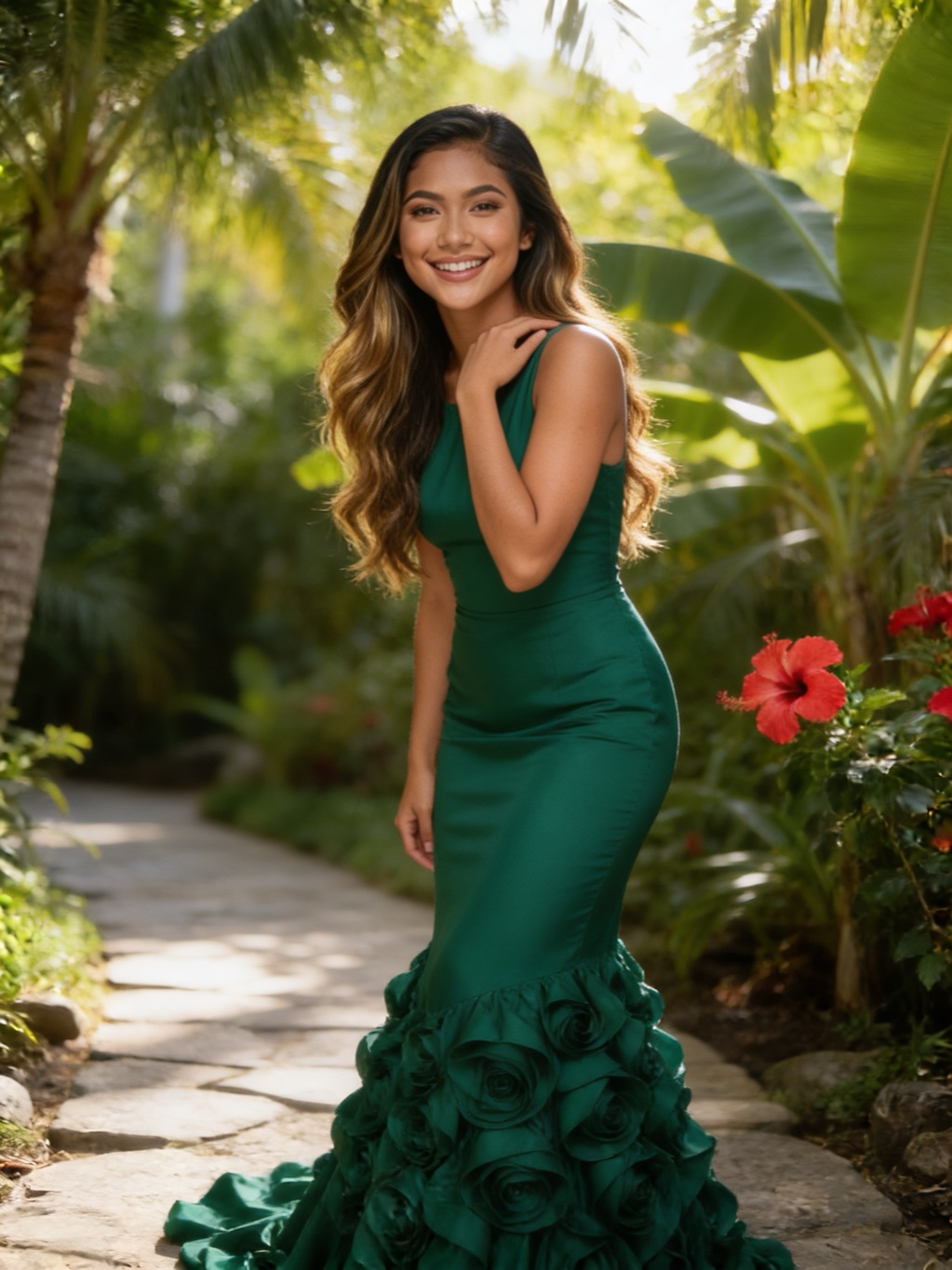 Mirna Duarte in her evening gown, in the garden