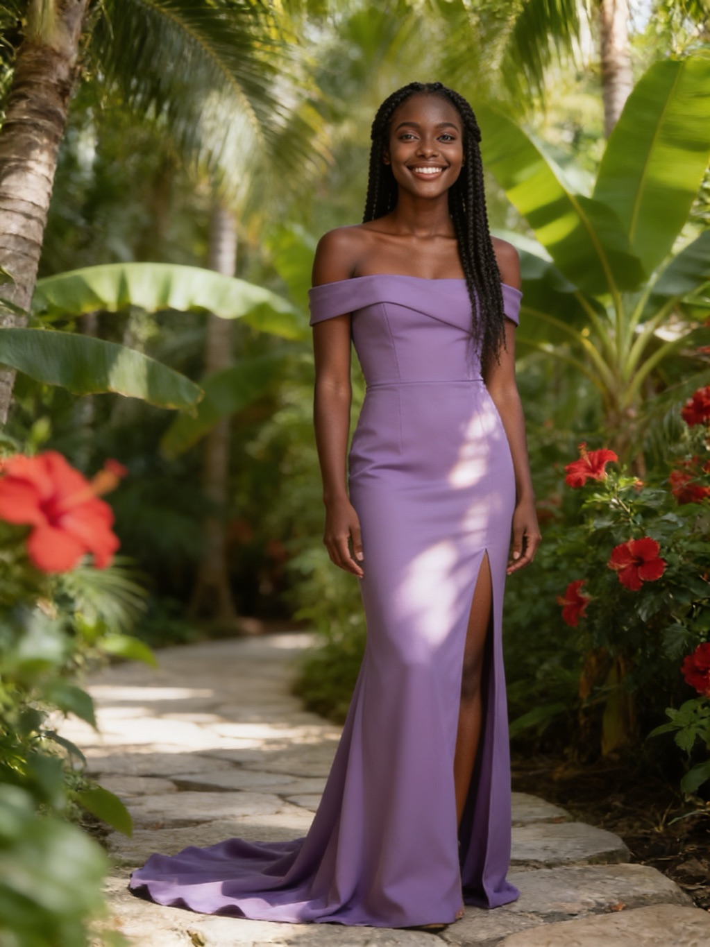 Natalie De Klerk in her evening gown, in the garden