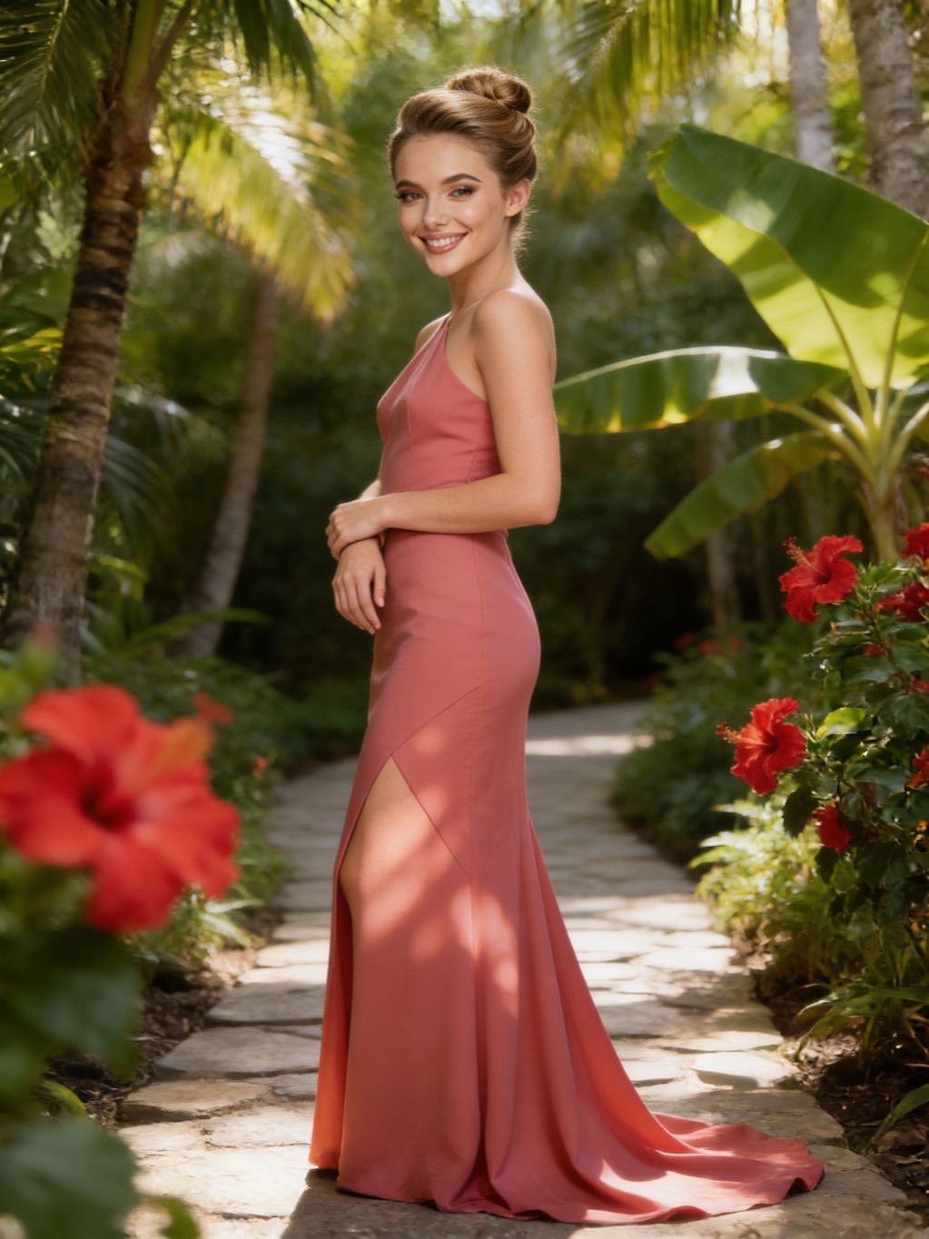 Nerea Castañeda in her evening gown, in the garden
