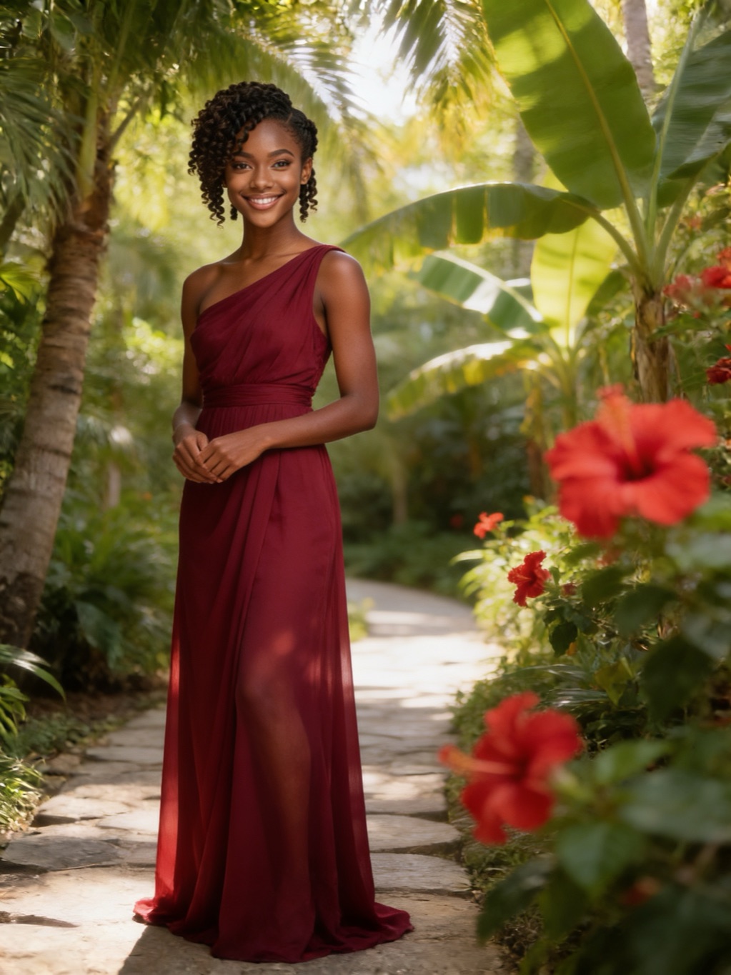 Esther Khamis in her evening gown, in the garden