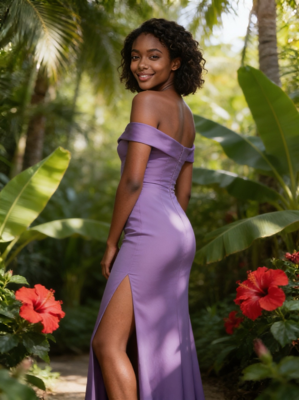 Yvonne Ntumwa in her evening gown, in the garden