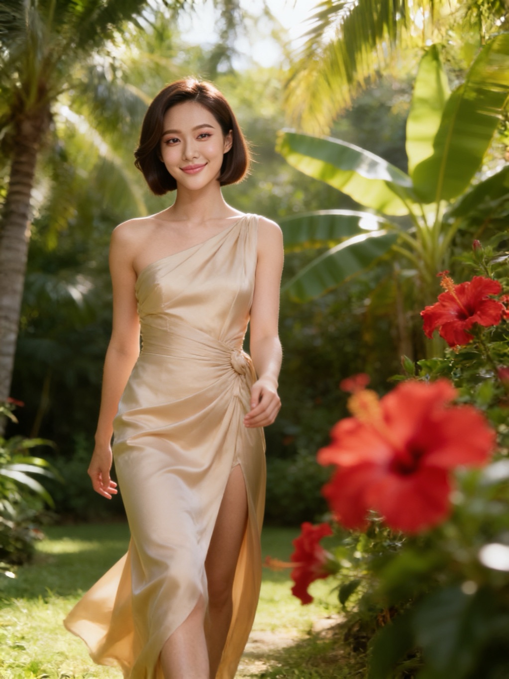 Mu Qu in her evening gown, in the garden