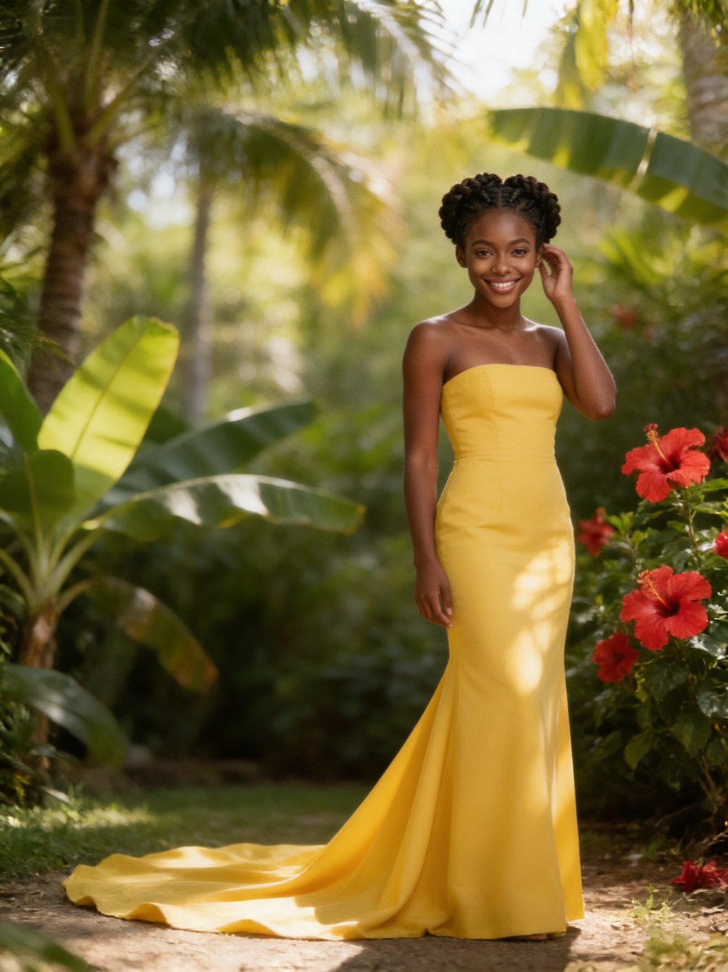 Brigida Barroso in her evening gown, in the garden