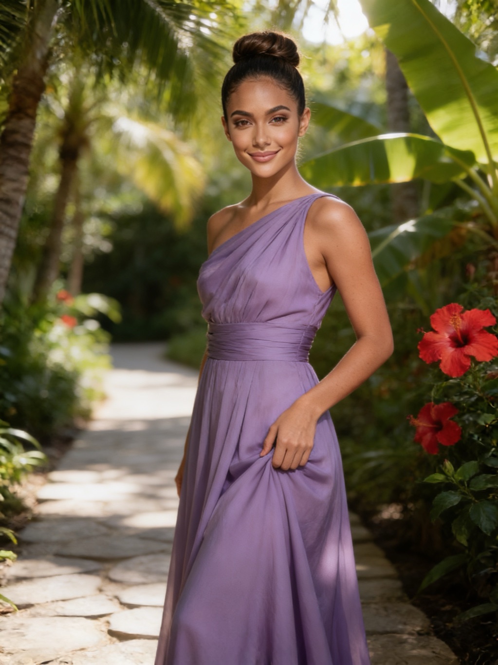 Sylvie Blanc in her evening gown, in the garden