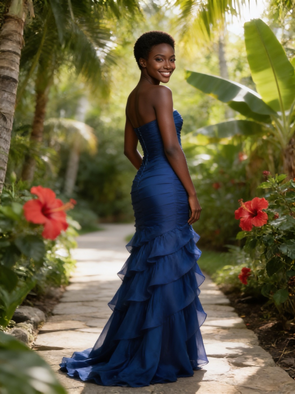 Sharolyn Schmidt in her evening gown, in the garden