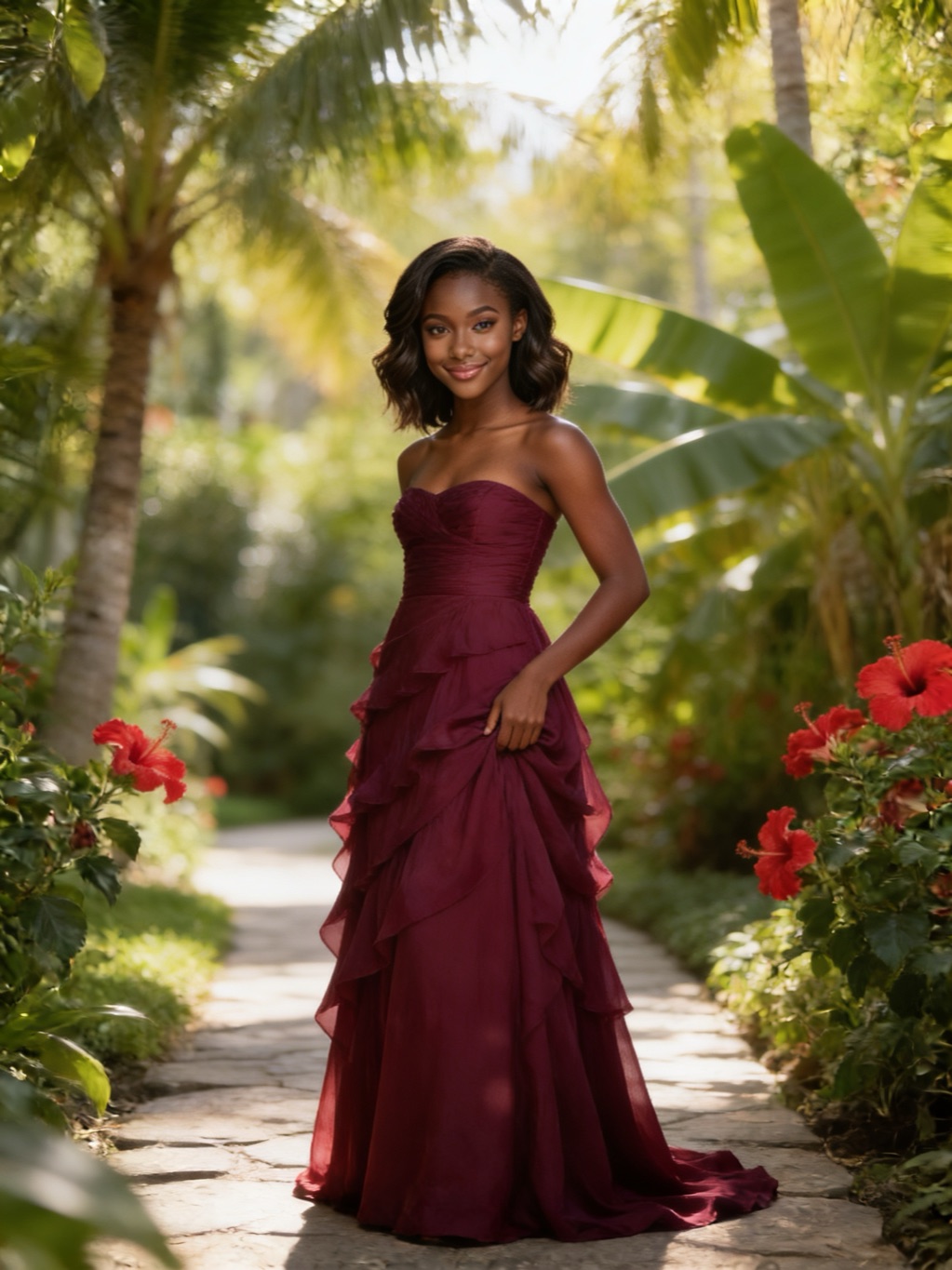 Boitumelo Dintwe in her evening gown, in the garden