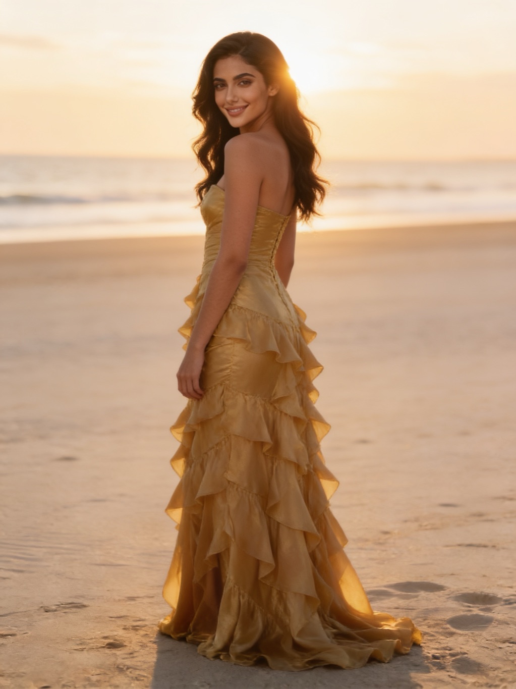 Patti Sweet in her evening gown, on the beach
