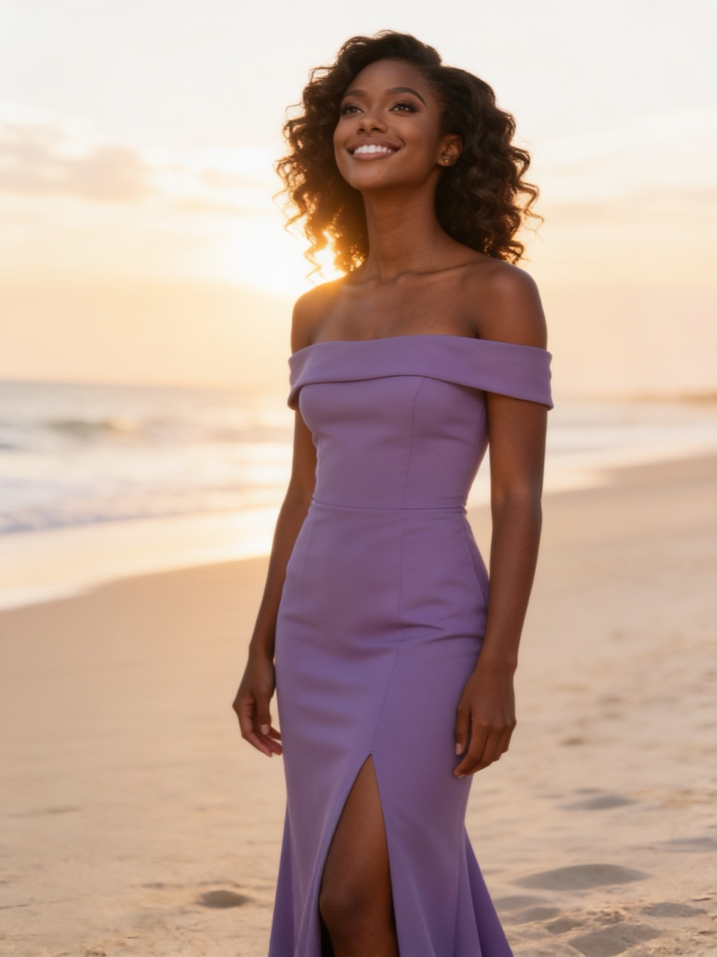 Shelba Peterson in her evening gown, on the beach