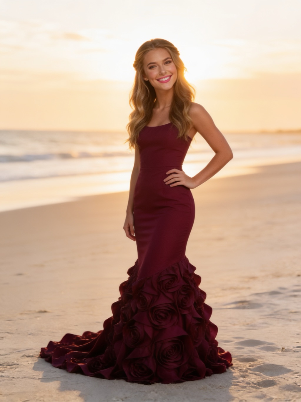 Adelaida Calderon in her evening gown, on the beach