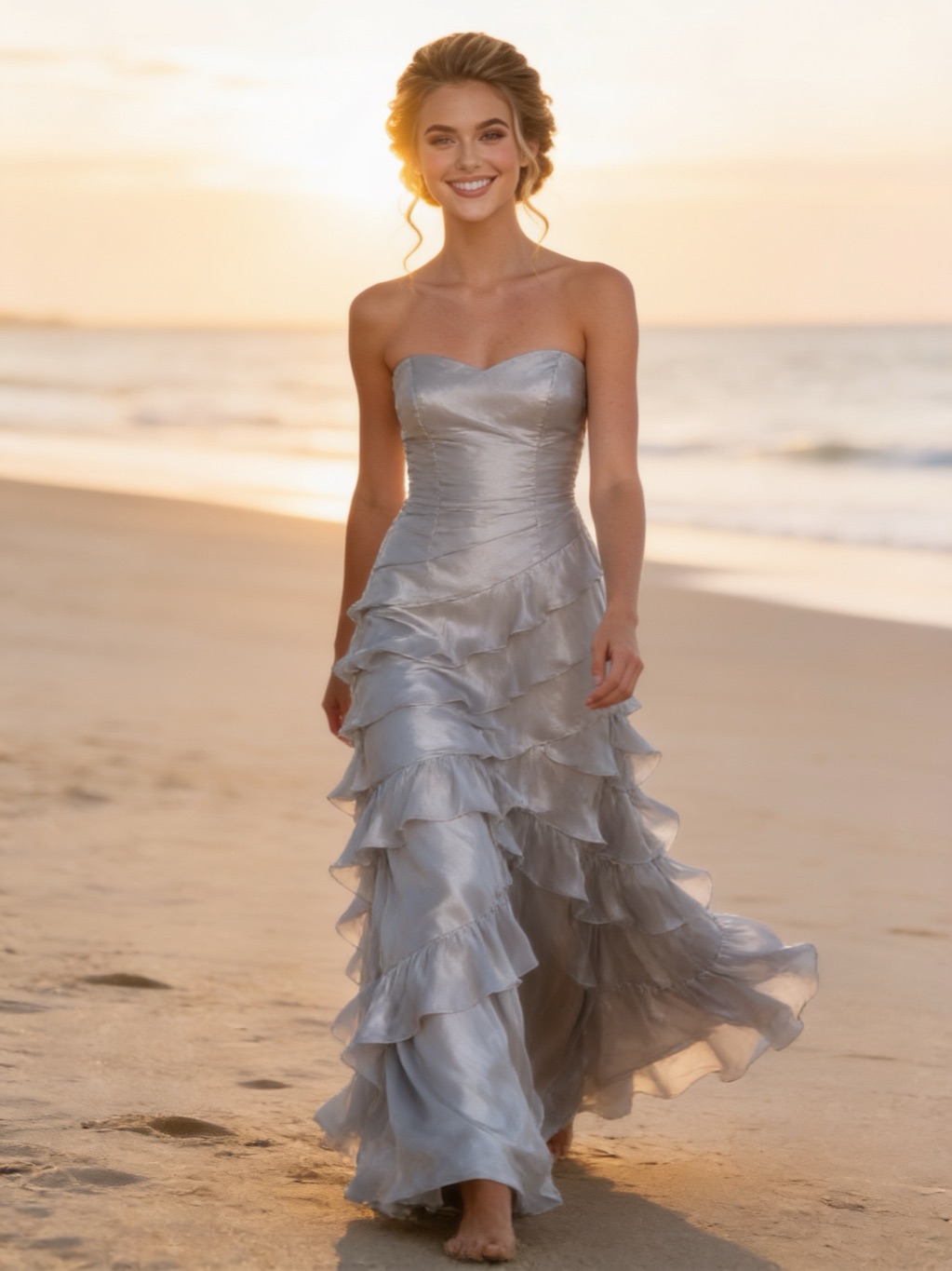 Sarai O'Brien in her evening gown, on the beach