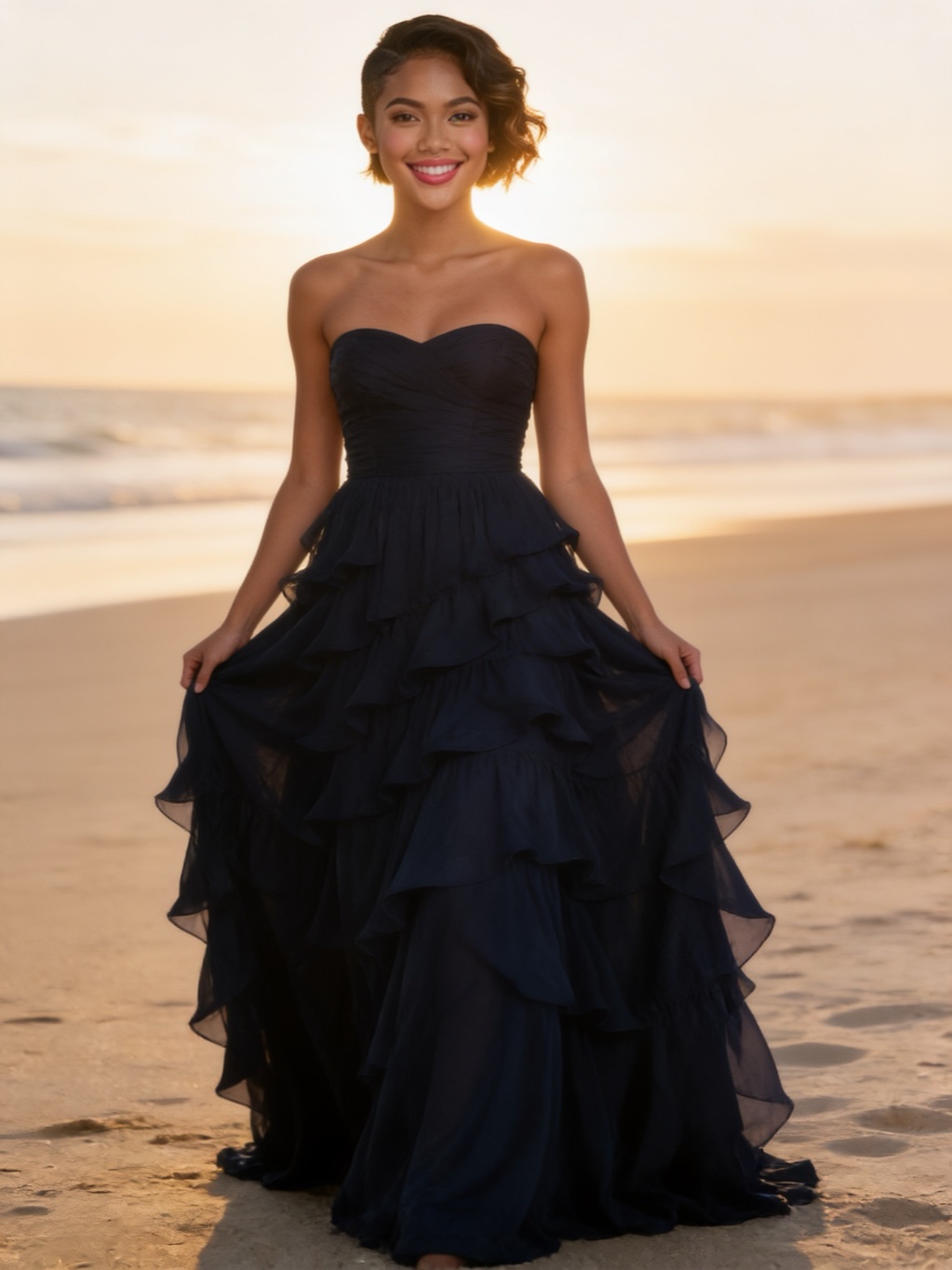 America Boyd in her evening gown, on the beach
