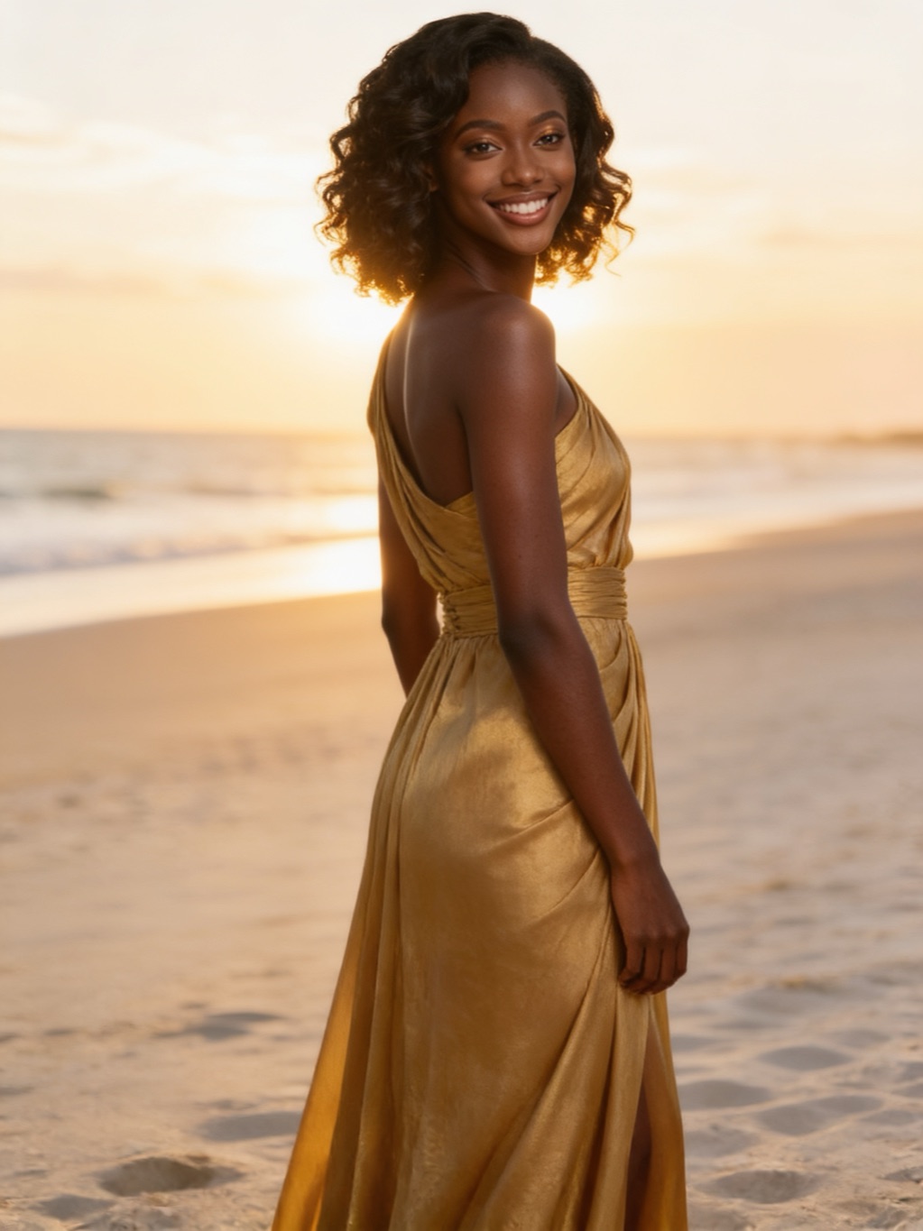 Toshia Merritt in her evening gown, on the beach