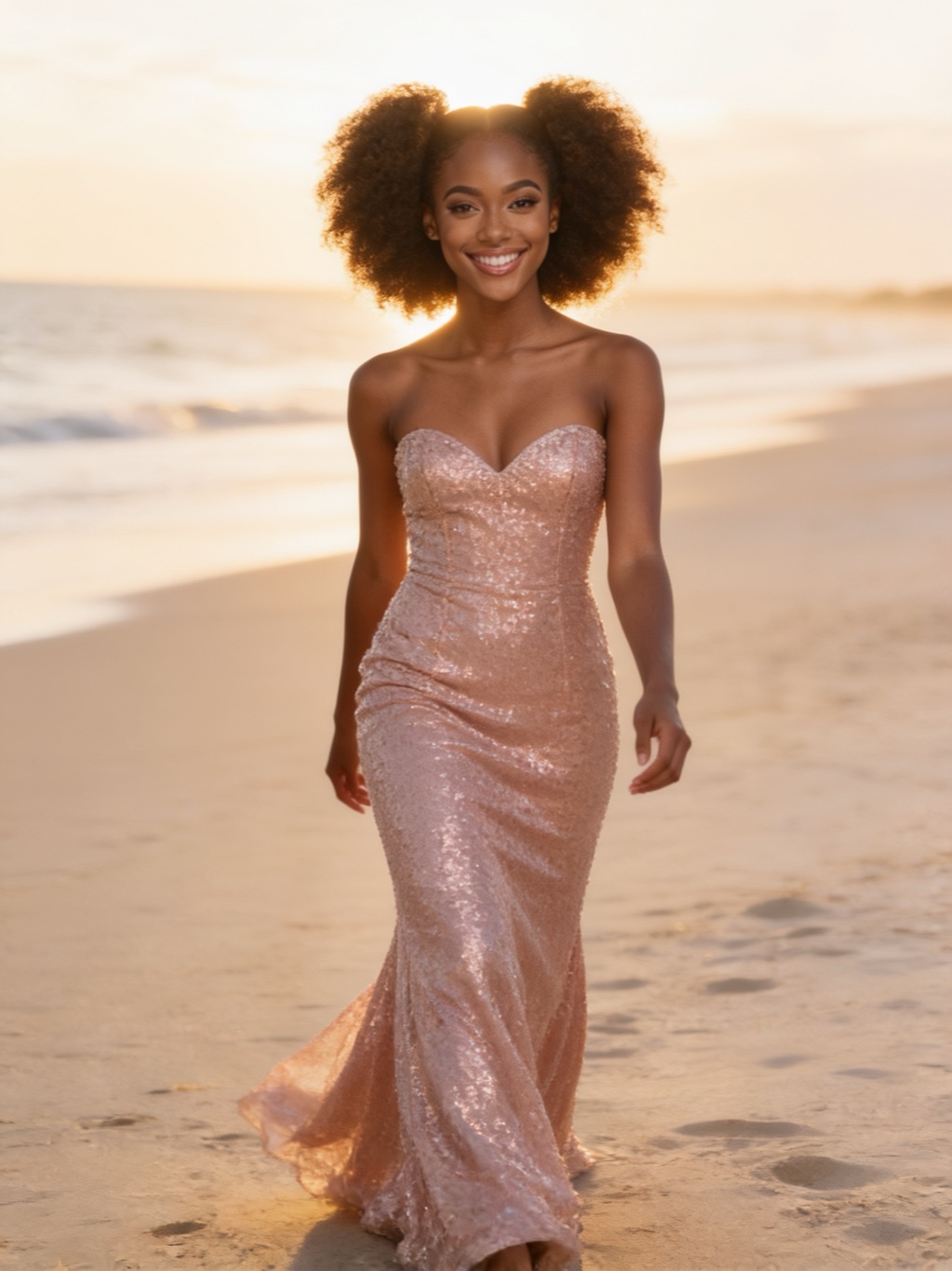 Janella Ayers in her evening gown, on the beach