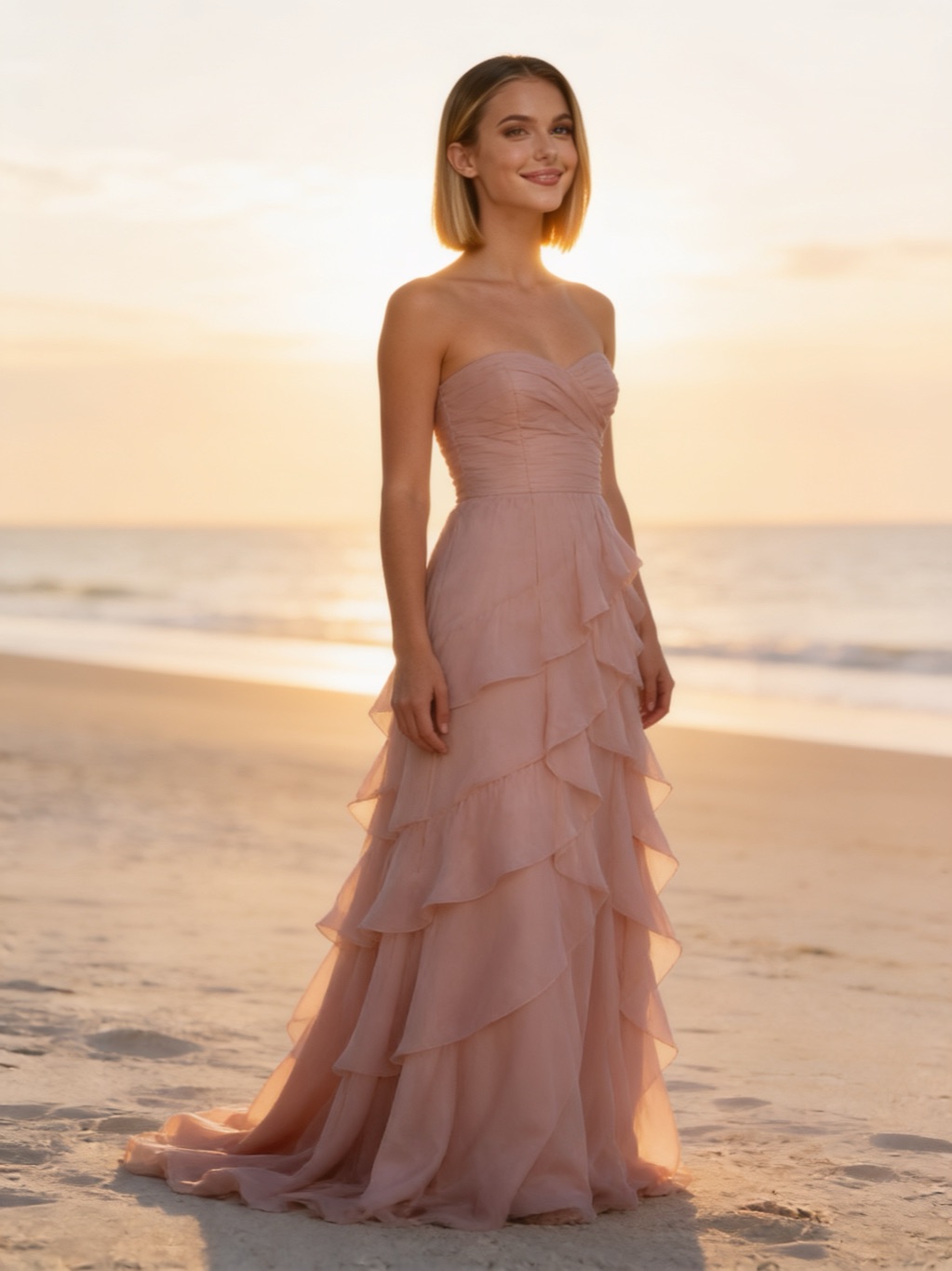 Erika Vargas in her evening gown, on the beach