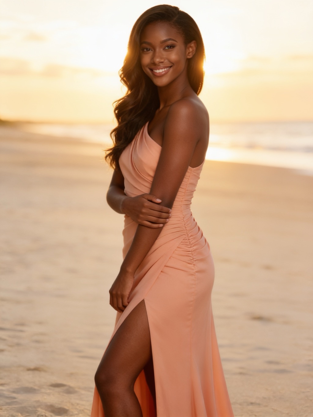 Lourie Marks in her evening gown, on the beach